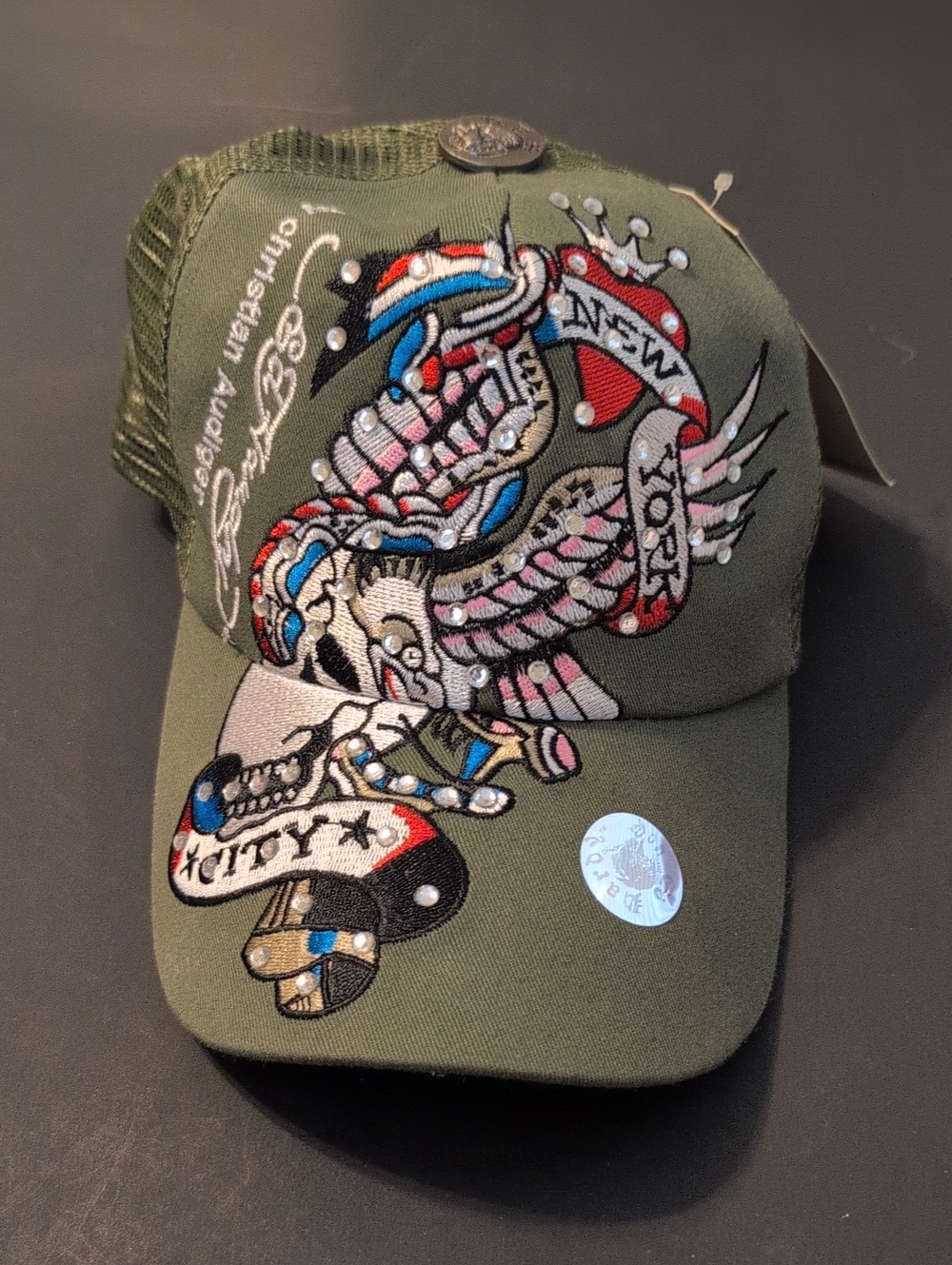 Ed Hardy Olive Green Trucker Hat with Colorful Winged Skull Embroidery